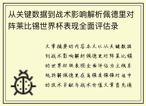 从关键数据到战术影响解析佩德里对阵莱比锡世界杯表现全面评估录