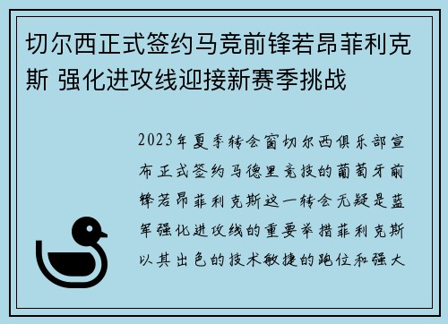 切尔西正式签约马竞前锋若昂菲利克斯 强化进攻线迎接新赛季挑战