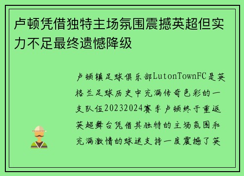 卢顿凭借独特主场氛围震撼英超但实力不足最终遗憾降级